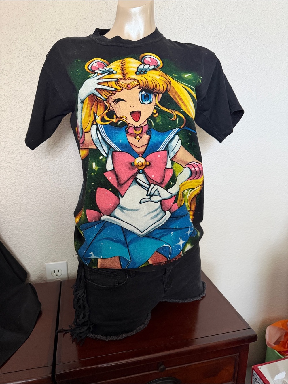 Black Sailor Moon Graphic Tee with Pink & Blue Accent